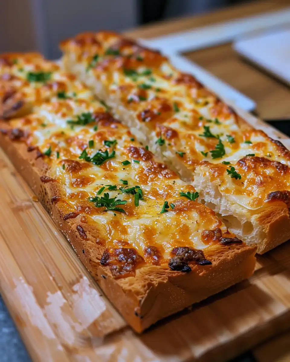 Close-up of finished golden garlic bread with cream cheese pockets