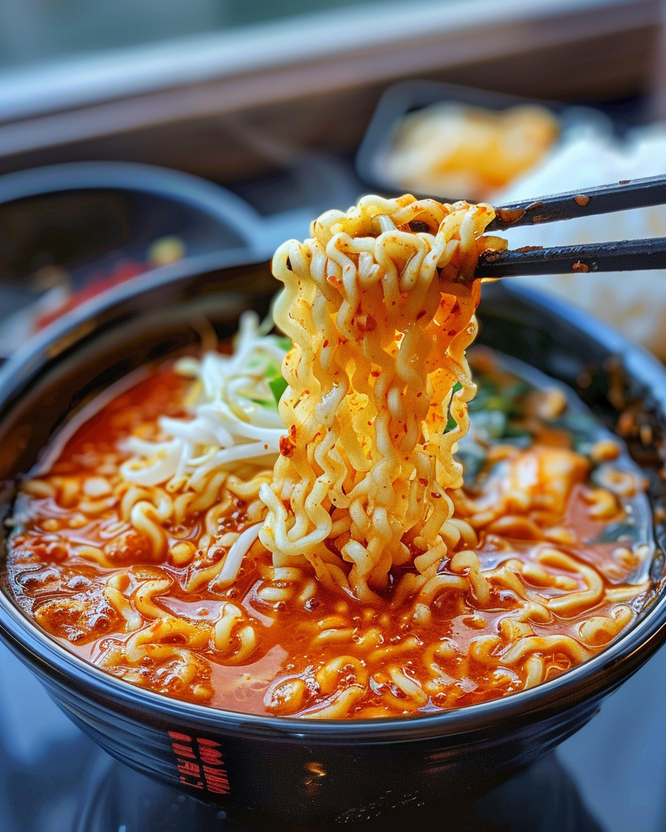 Ingredients for Korean spicy ramen with cheese on table