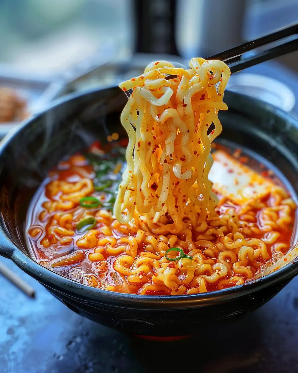 Melting cheddar cheese into creamy ramen broth
