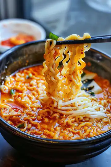 Korean Spicy Ramen Noodles with Cheese taken with iphone 15 pro max --iw 2 --ar 4:5 --v 6.0 --raw