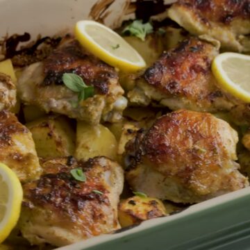 Side view of lemon herb roasted chicken ready to serve