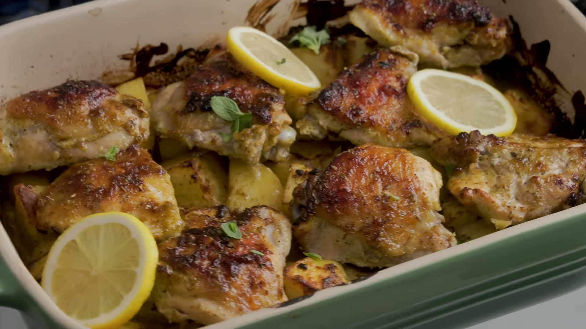 Side view of lemon herb roasted chicken ready to serve