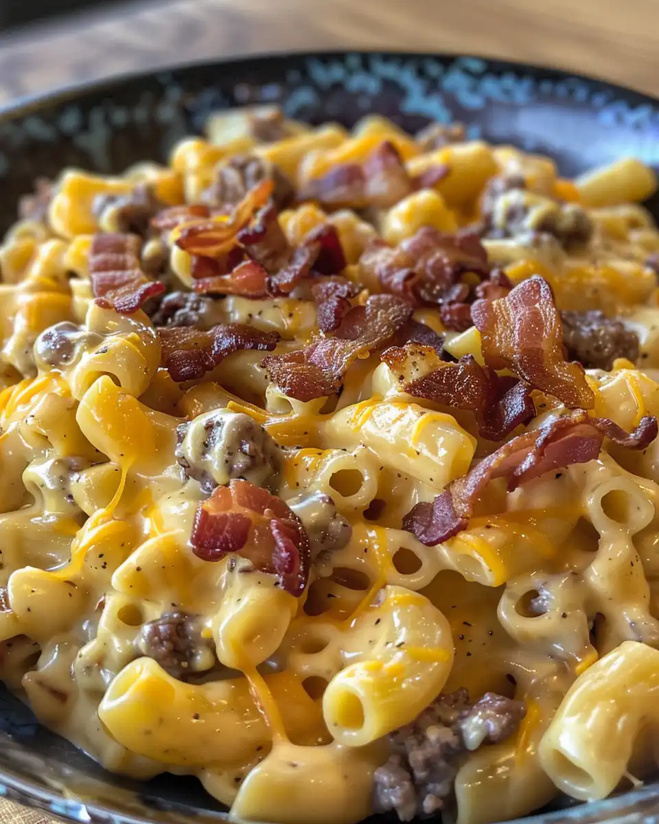 Ingredients for Loaded Bacon Cheeseburger Alfredo Pasta including pasta, bacon, cheddar and cream