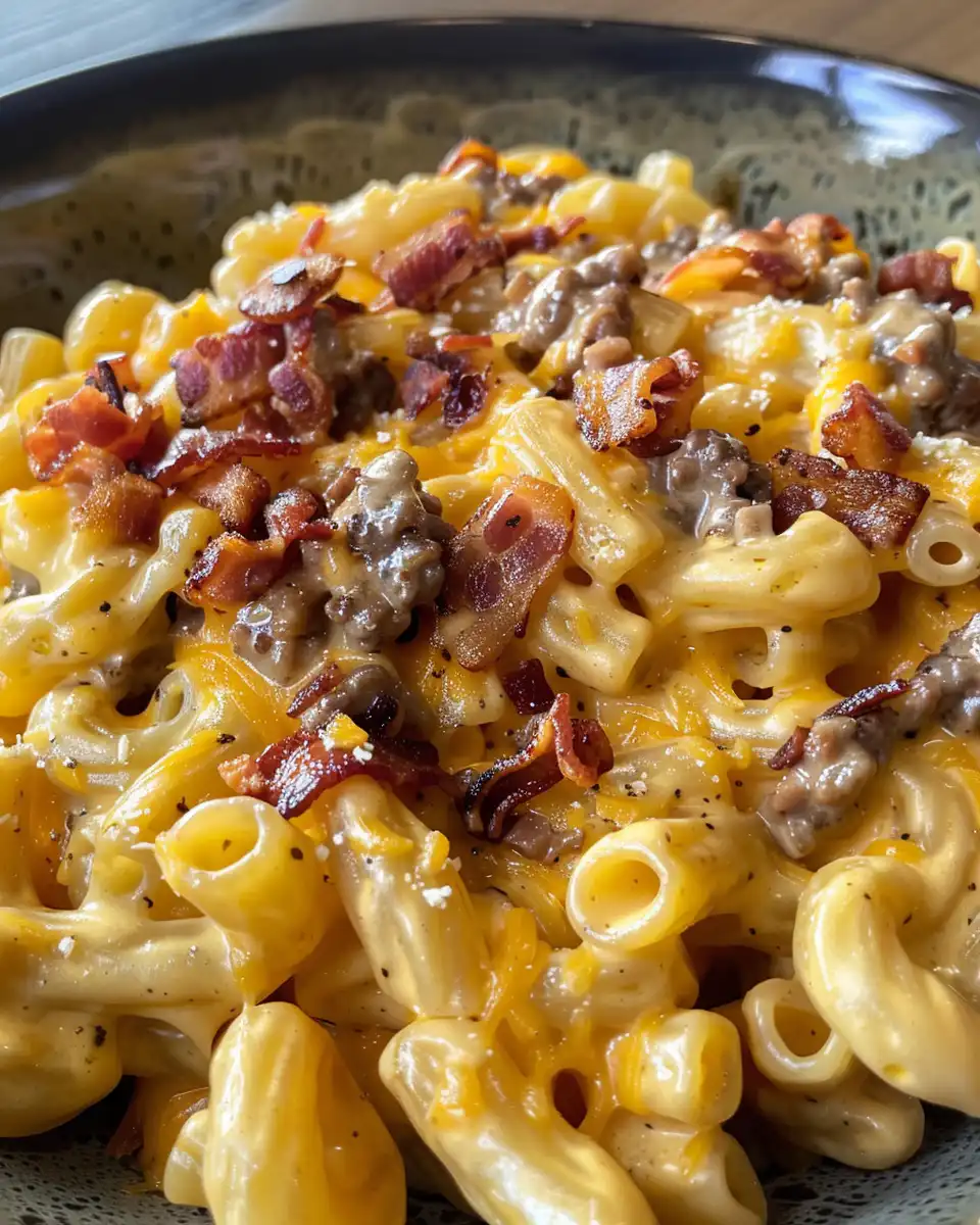 Finished Loaded Bacon Cheeseburger Alfredo Pasta served in a bowl garnished with green onions