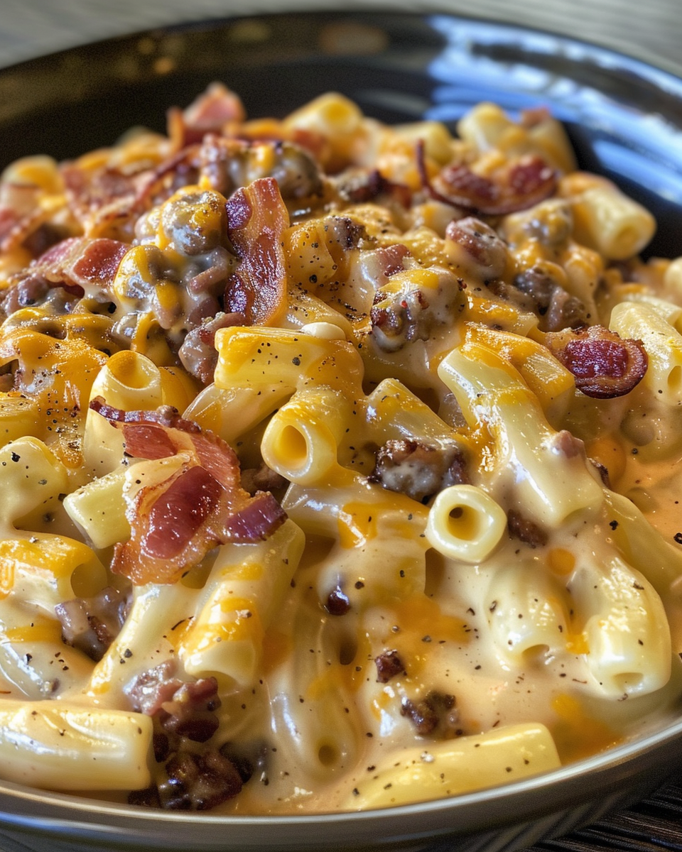 Loaded Bacon Cheeseburger Alfredo Pasta in pressure cooker with steam vent visible