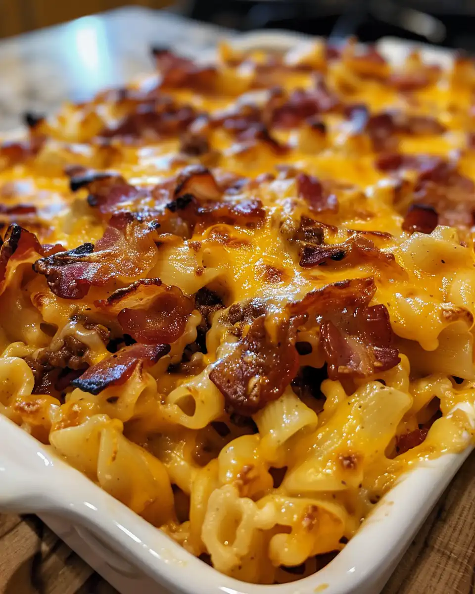 Ingredients for loaded bacon cheeseburger pasta including penne, bacon, sauces, and cheese