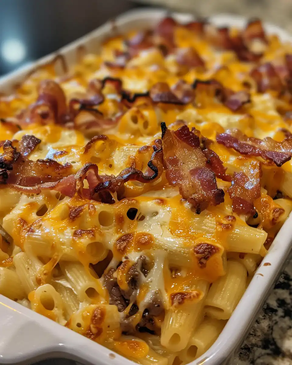 Serving of loaded bacon cheeseburger pasta with melted cheddar cheese on top