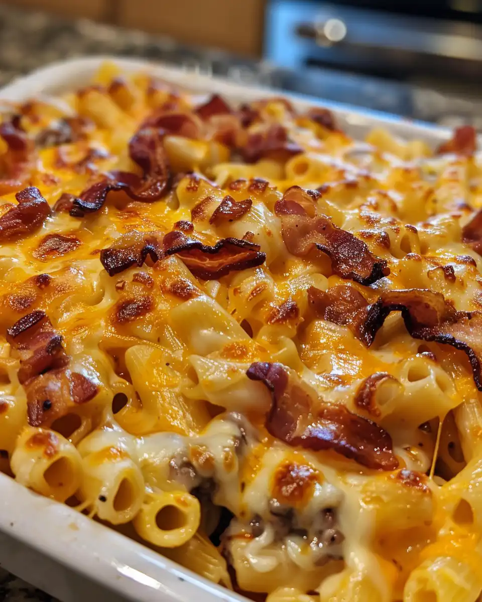 Close-up of loaded bacon cheeseburger pasta in a skillet