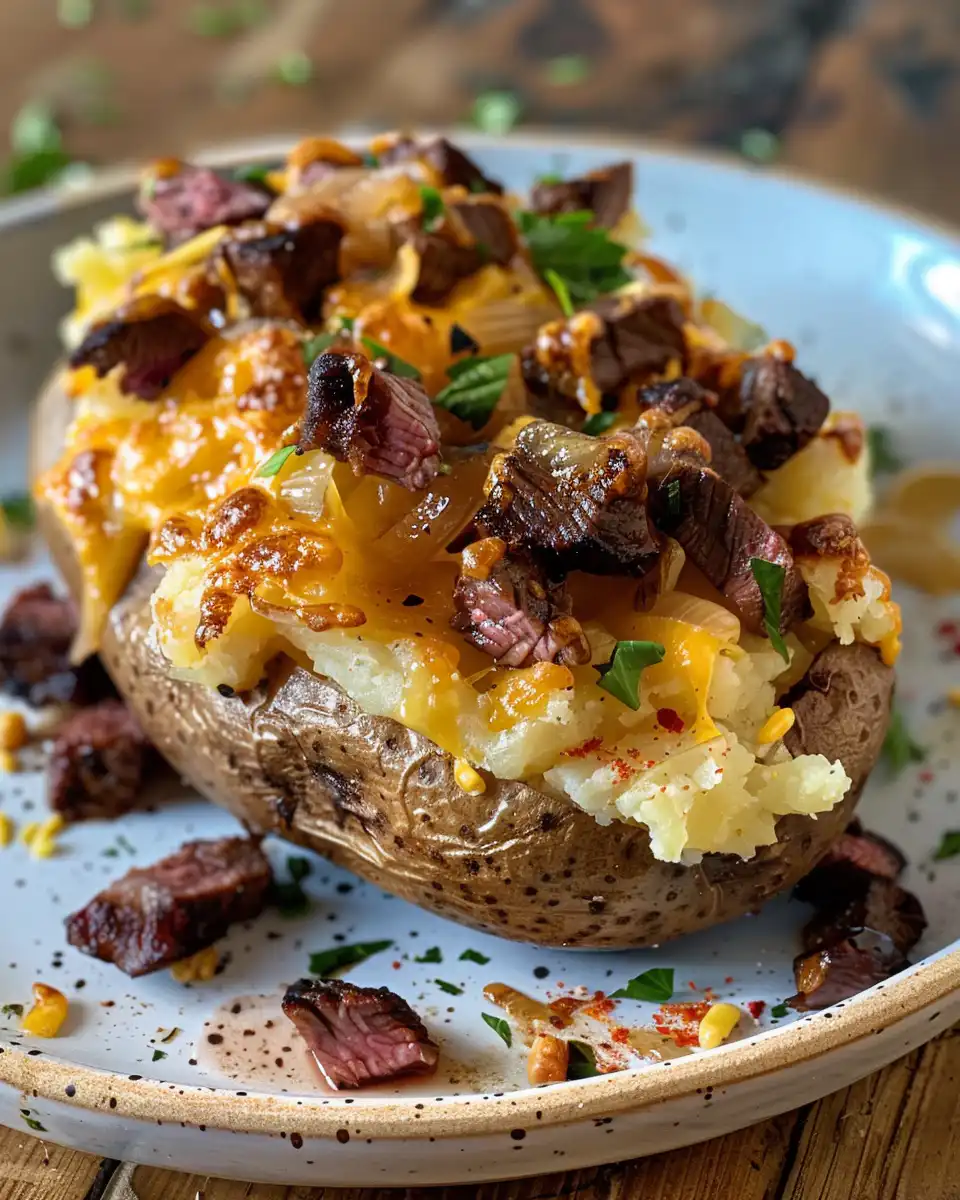 Ingredients for loaded baked potato with steak bites