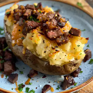 Loaded Baked Potato with Steak Bites taken with iphone 15 pro max --iw 2 --ar 4:5 --v 6.0 --raw