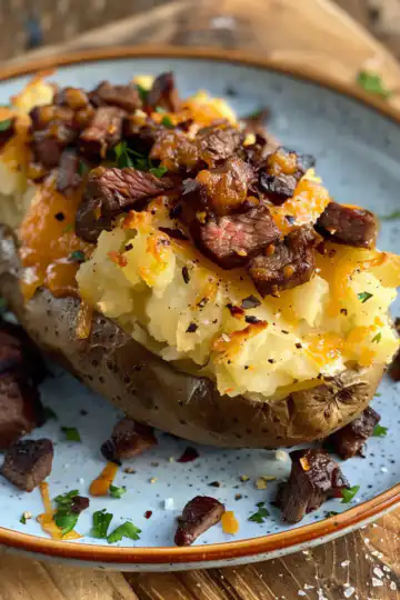 Loaded Baked Potato with Steak Bites taken with iphone 15 pro max --iw 2 --ar 4:5 --v 6.0 --raw