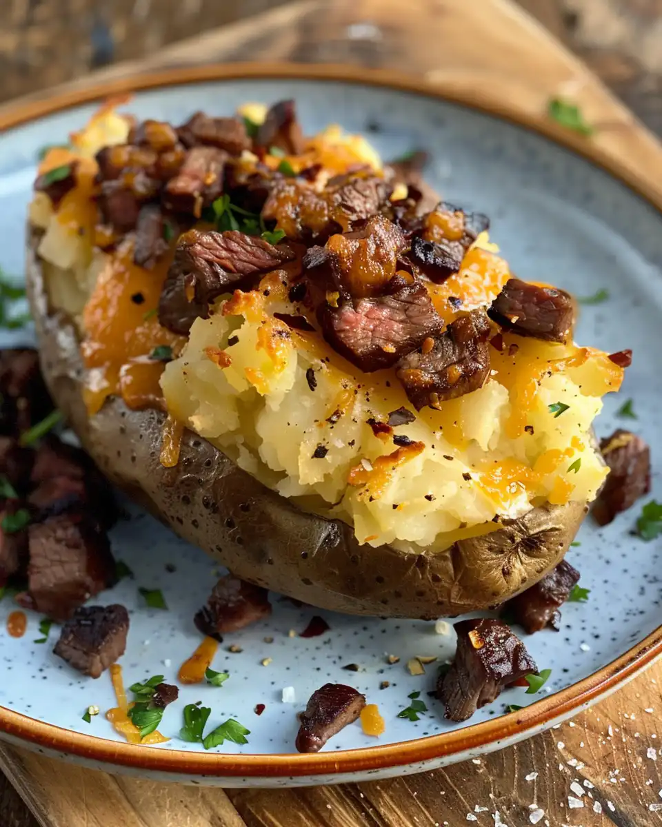 Loaded baked potato with juicy steak bites