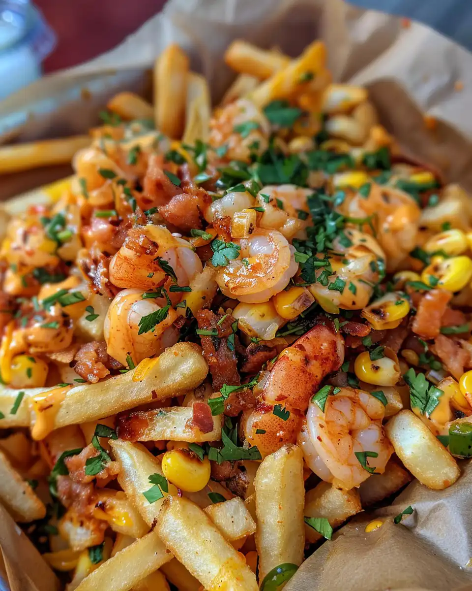 Final serving of Louisiana voodoo fries topped with bacon and scallions