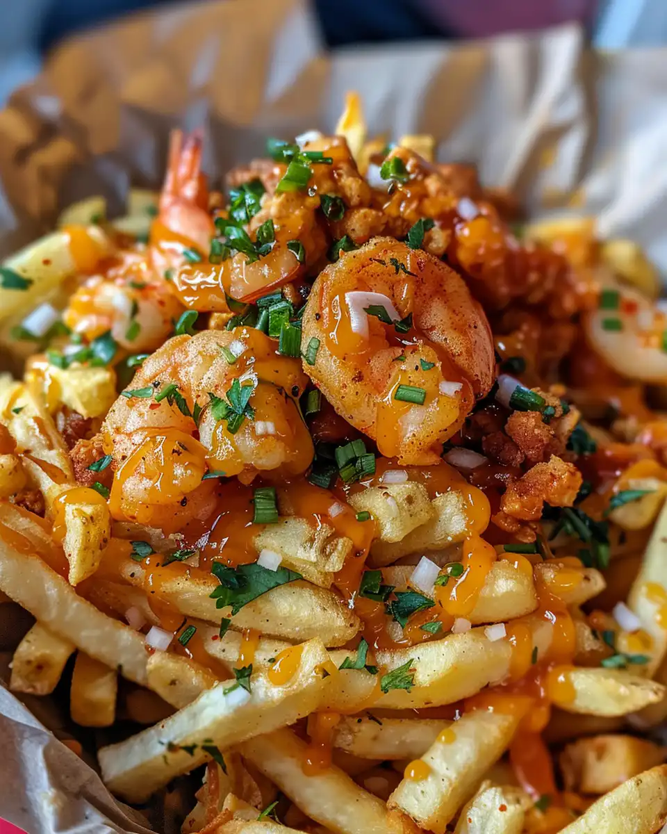 Close-up of crispy Louisiana voodoo fries with melty cheese and sauce