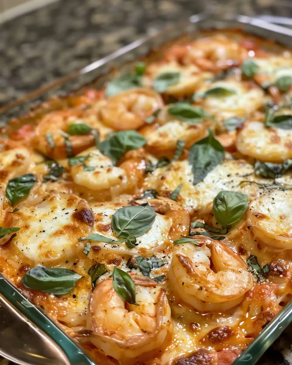 Finished creamy Tuscan shrimp bake served on a plate with garnish
