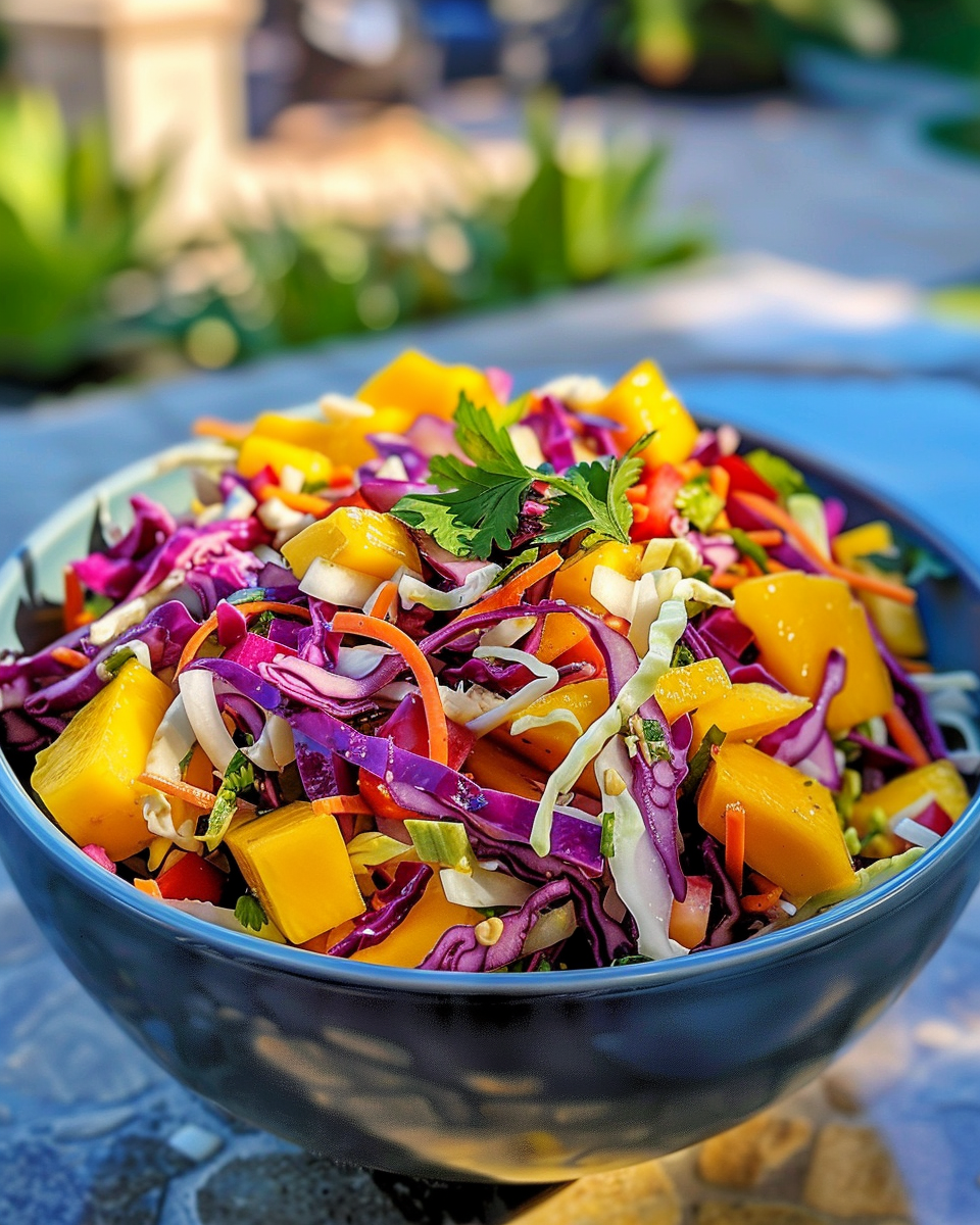 Ingredients for mango slaw including cabbage, mango, jalapeno, and herbs