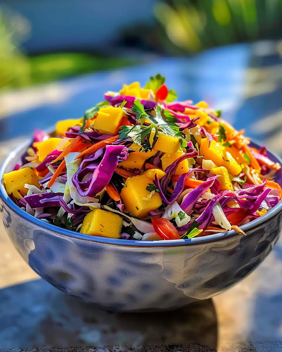 Closeup of chopped mango slaw served chilled