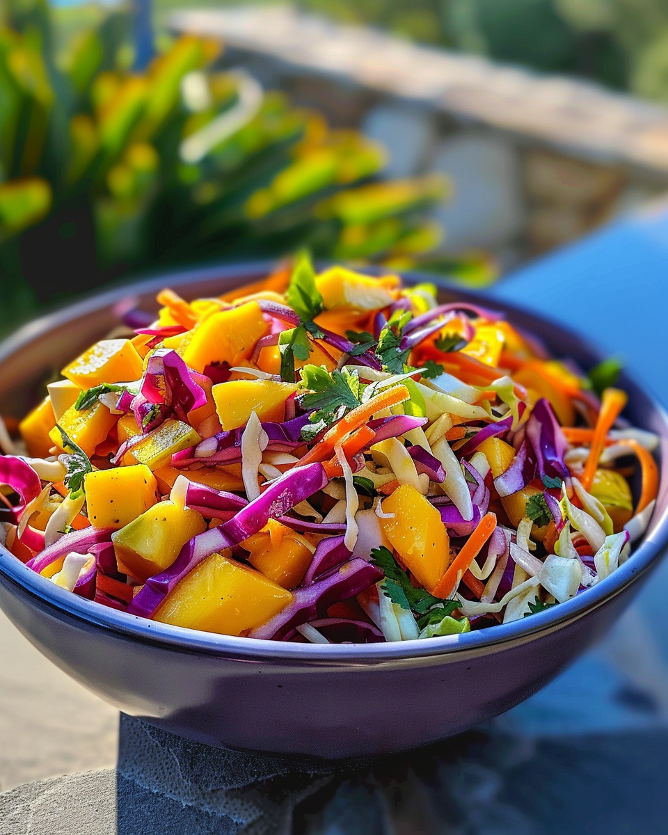 Fresh and colorful mango slaw in a bowl