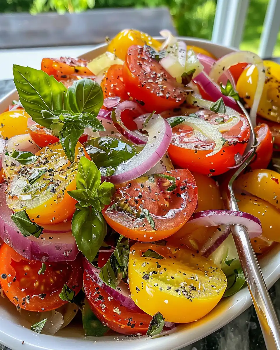 Final marinated tomato salad served with fresh herbs