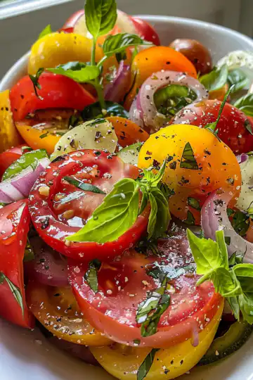 Marinated Tomatoes Salad Recipe taken with iphone 15 pro max --iw 2 --ar 4:5 --v 6.0 --raw