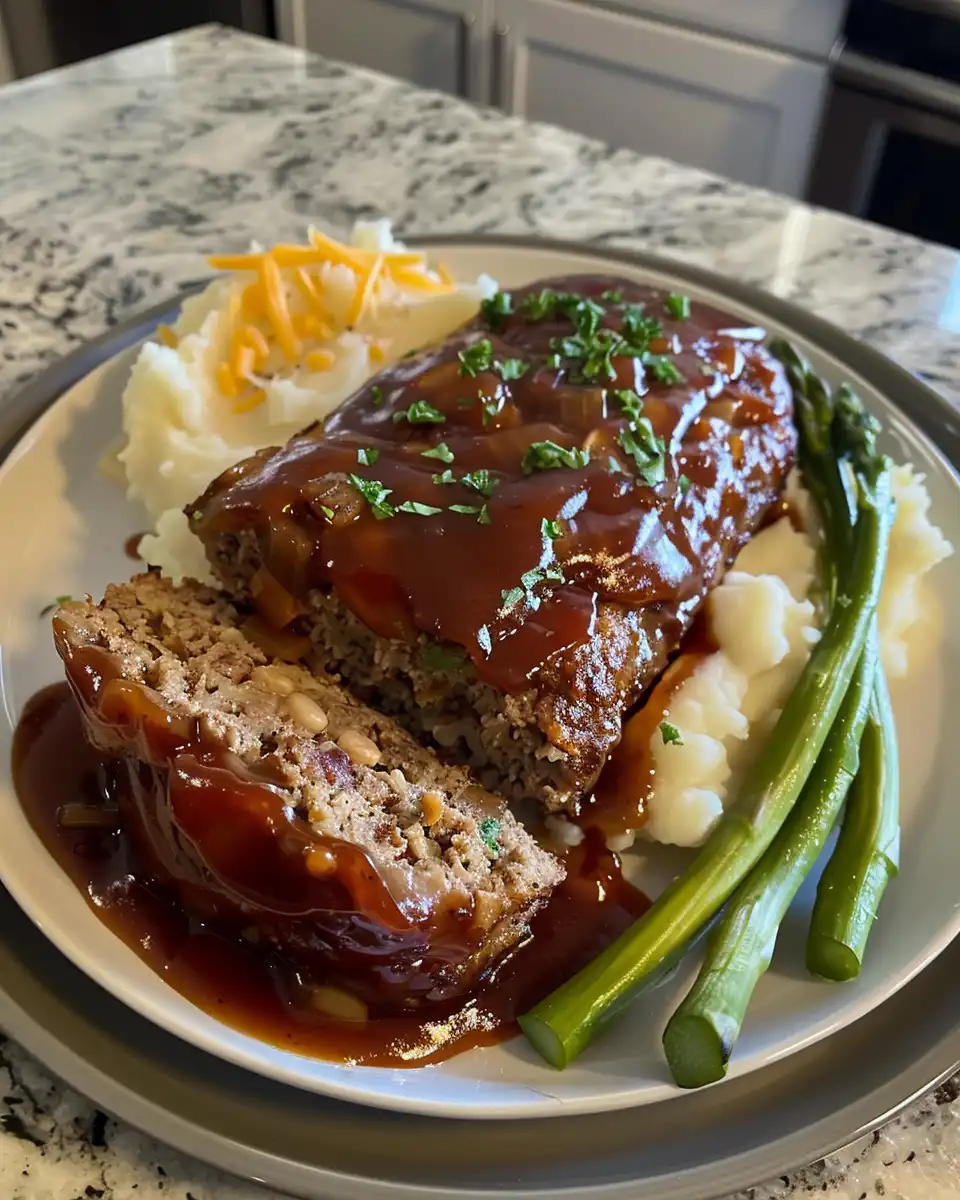 Sliced cheesy loaded meatloaf casserole served on a plate with crispy bacon
