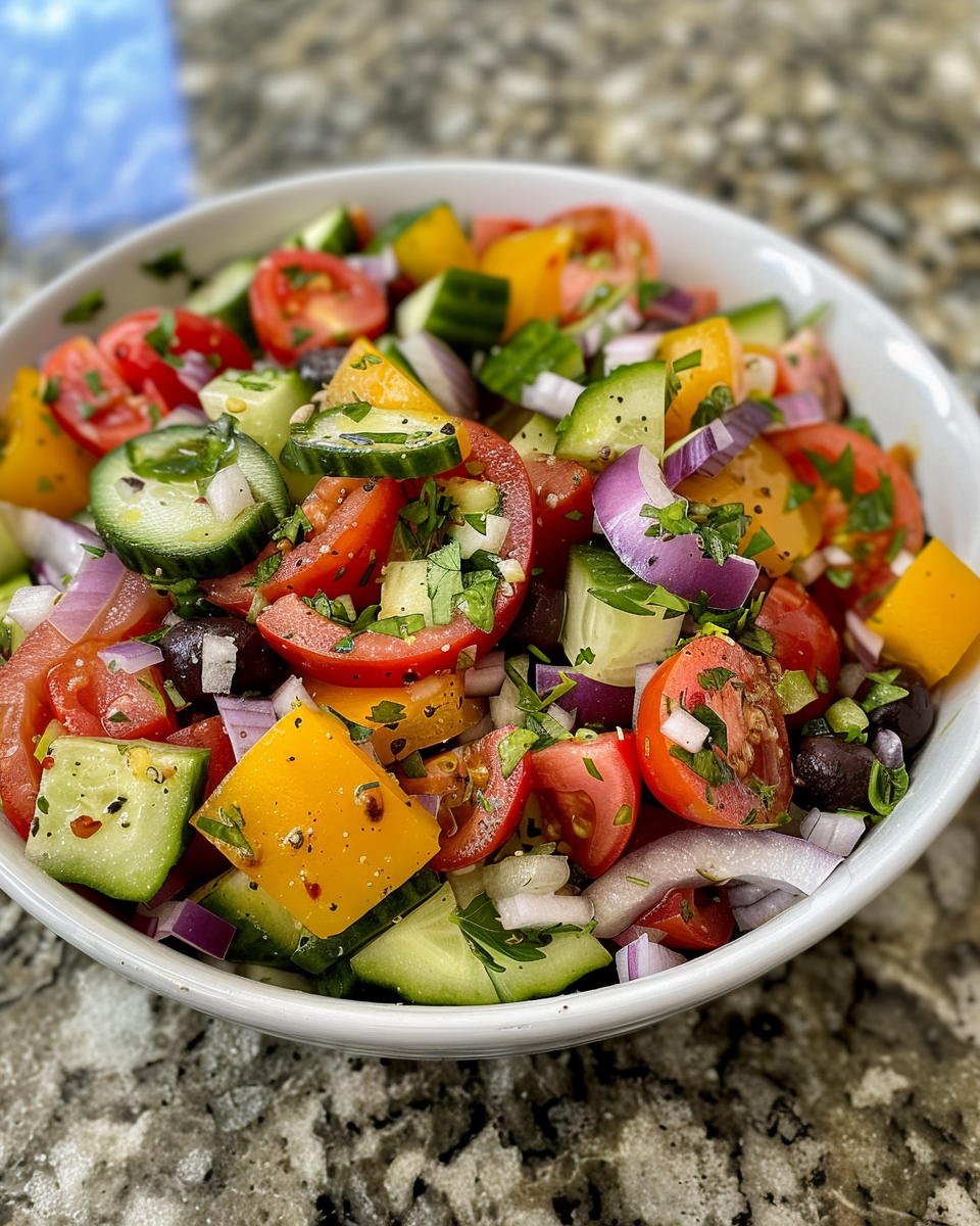 Chopped fresh salad ingredients with herbs and olives