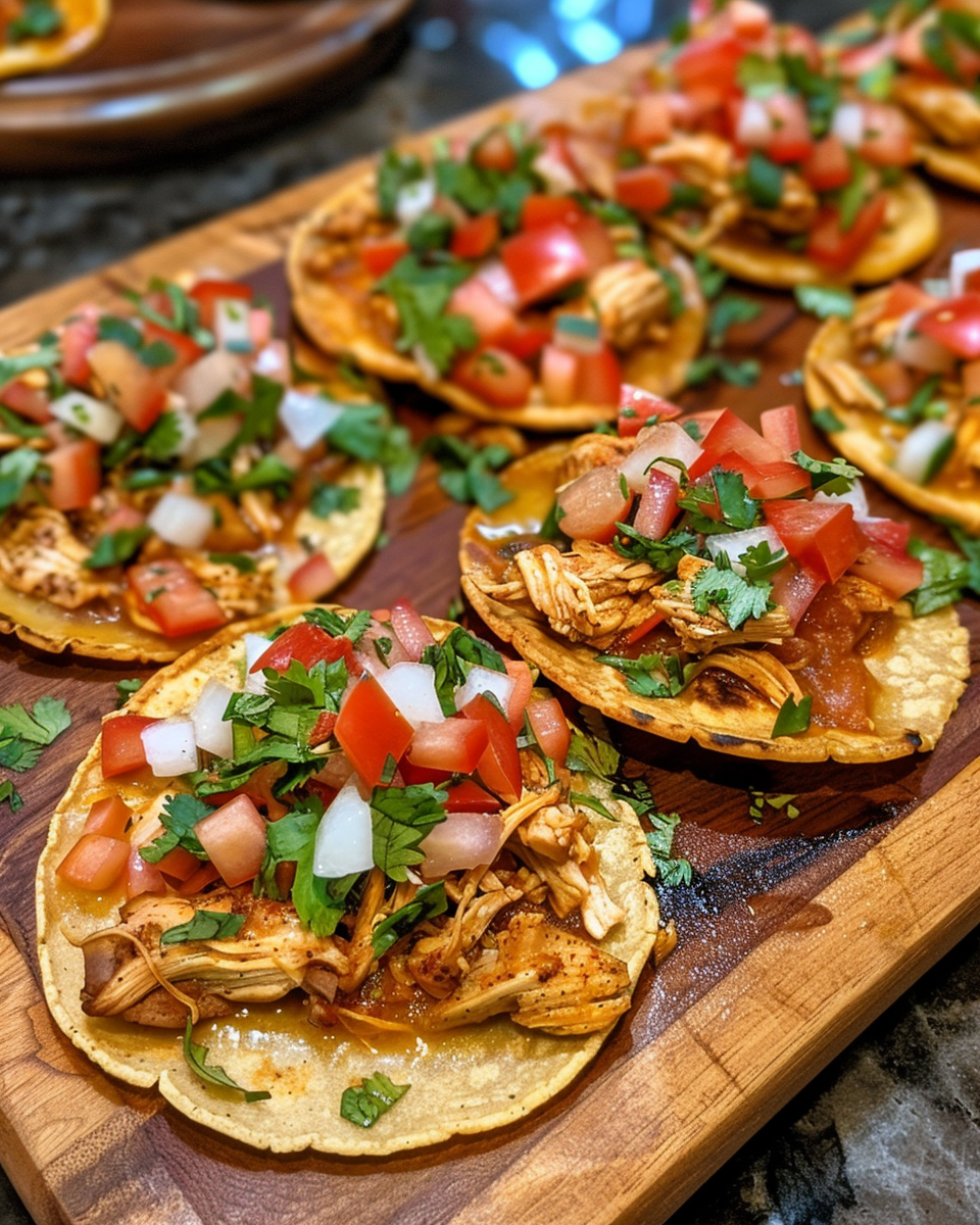 Close-up of Mexican rotisserie chicken tostadas in pressure cooker preparation