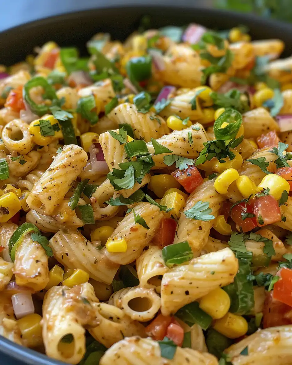 Ingredients for creamy street corn pasta salad including rotini pasta and fire roasted corn