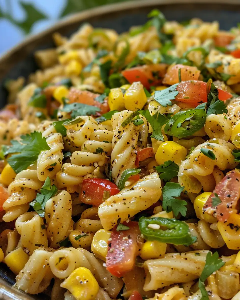 Finished creamy street corn pasta salad served in bowl
