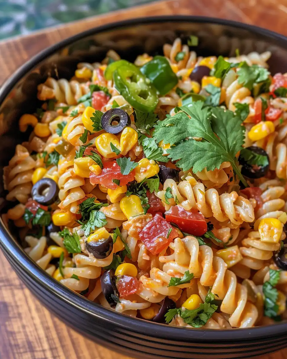 Finished Mexican street corn pasta salad served in a bowl garnished with fresh cilantro