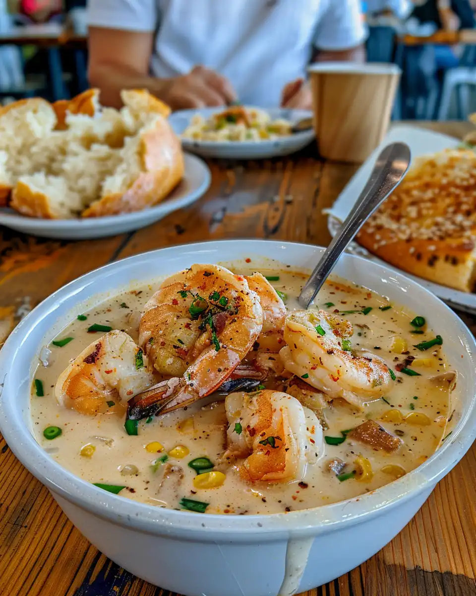 Ingredients including shrimp, corn, and broth for shrimp and corn bisque