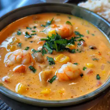 New Orleans Shrimp and Corn Bisque taken with iphone 15 pro max --iw 2 --ar 4:5 --v 6.0 --raw
