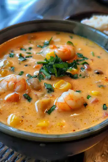 New Orleans Shrimp and Corn Bisque taken with iphone 15 pro max --iw 2 --ar 4:5 --v 6.0 --raw