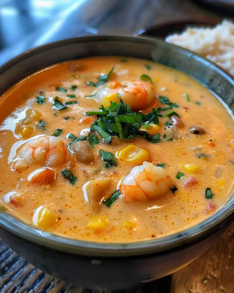 New Orleans shrimp and corn bisque in a pot with steam