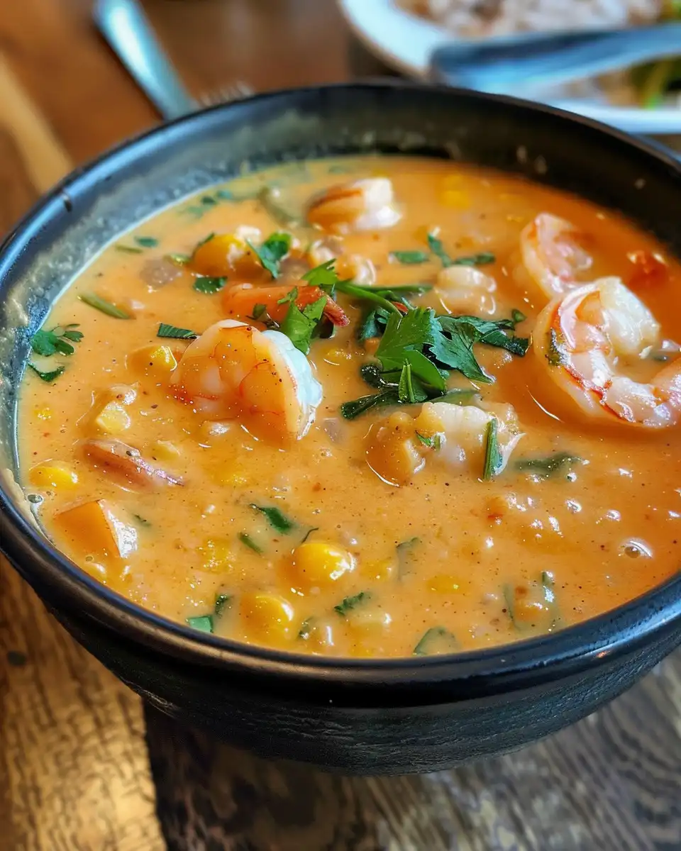 Creamy shrimp and corn bisque served in bowl garnished with green onions