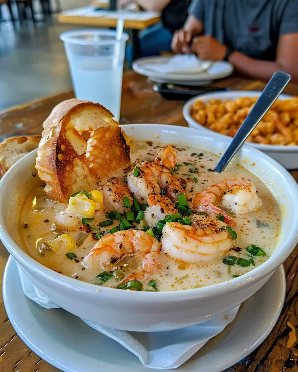 New Orleans Shrimp and Corn Bisque served hot in a bowl