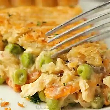 Side view of old-fashioned chicken pot pie ready to serve