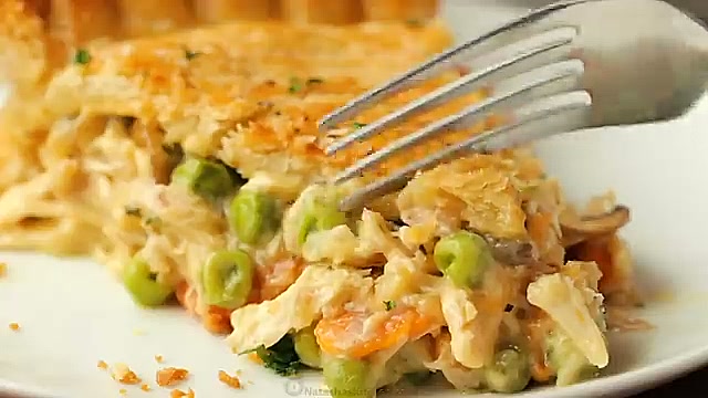 Side view of old-fashioned chicken pot pie ready to serve