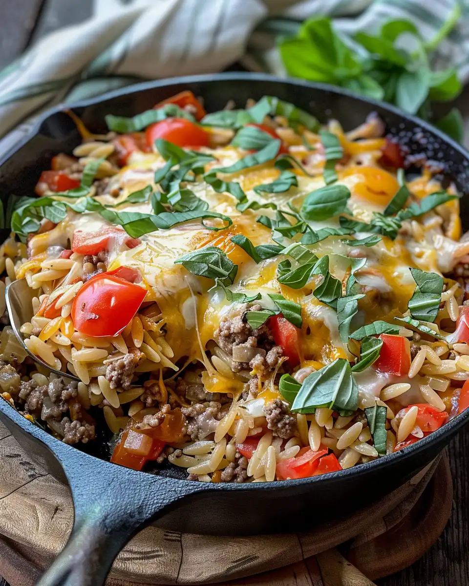 Ingredients for one-pot cheeseburger orzo including lean ground beef, spices, and orzo pasta