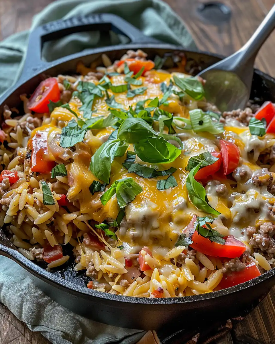 Cooking process of one-pot cheeseburger orzo showing simmering skillet with ingredients