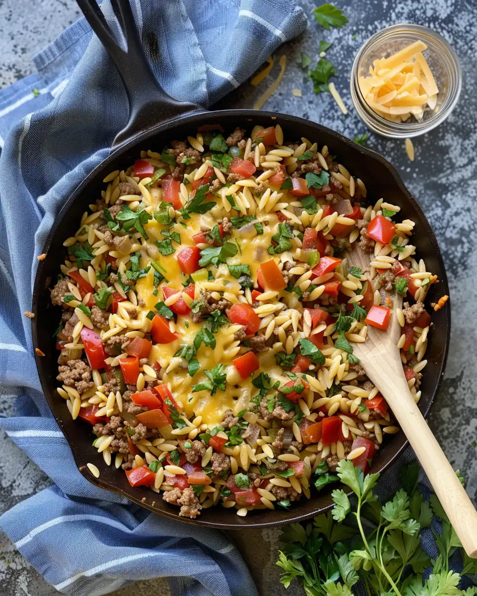 One-pot cheeseburger orzo cooking in skillet with beef and onions