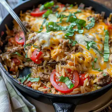 One Pot Cheeseburger Orzo Skillet taken with iphone 15 pro max --iw 2 --ar 4:5 --v 6.0 --raw