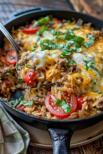 One Pot Cheeseburger Orzo Skillet taken with iphone 15 pro max --iw 2 --ar 4:5 --v 6.0 --raw