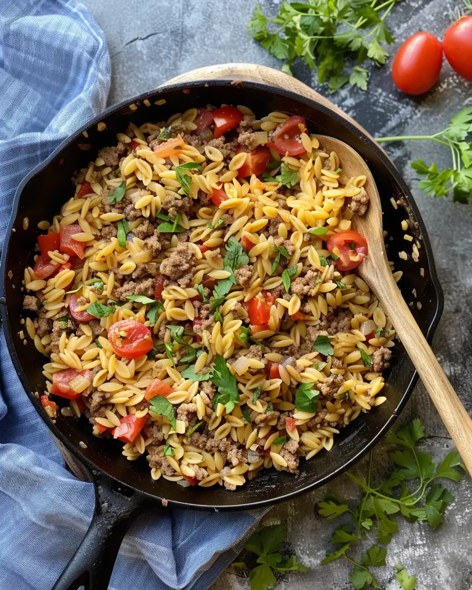 Ingredients for one-pot cheeseburger orzo ready to cook