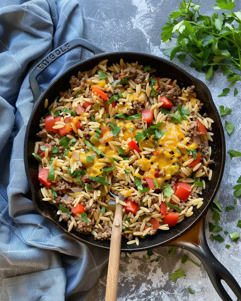 Final creamy and cheesy one pot cheeseburger orzo served