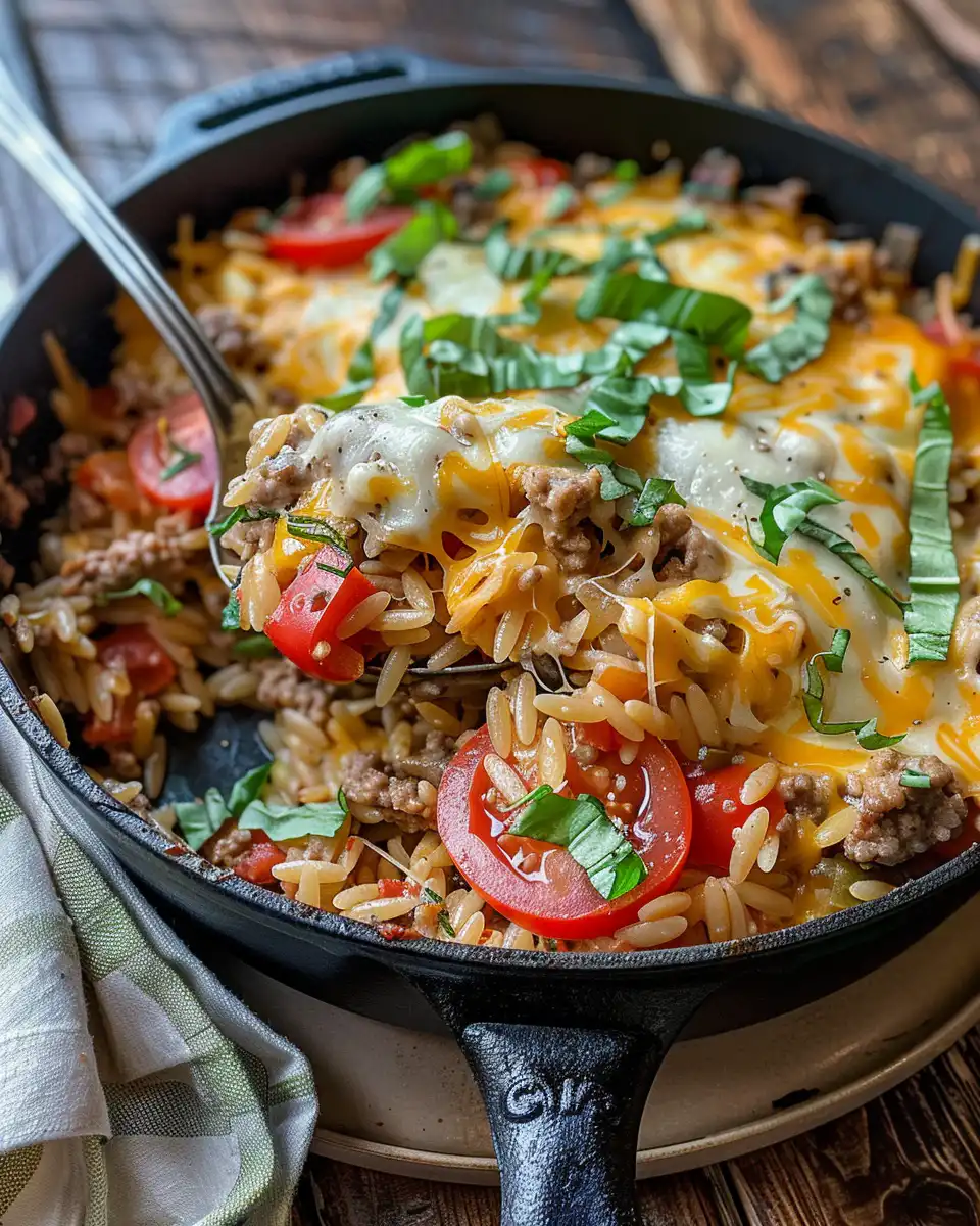Steaming one-pot cheeseburger orzo in the pressure cooker with visible valve steam
