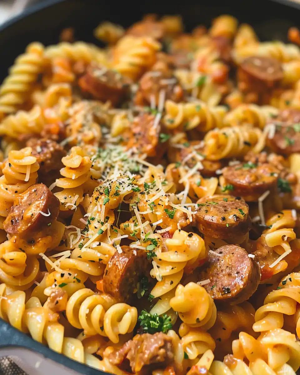 Ingredients for one pot creamy spicy Cajun sausage pasta laid out