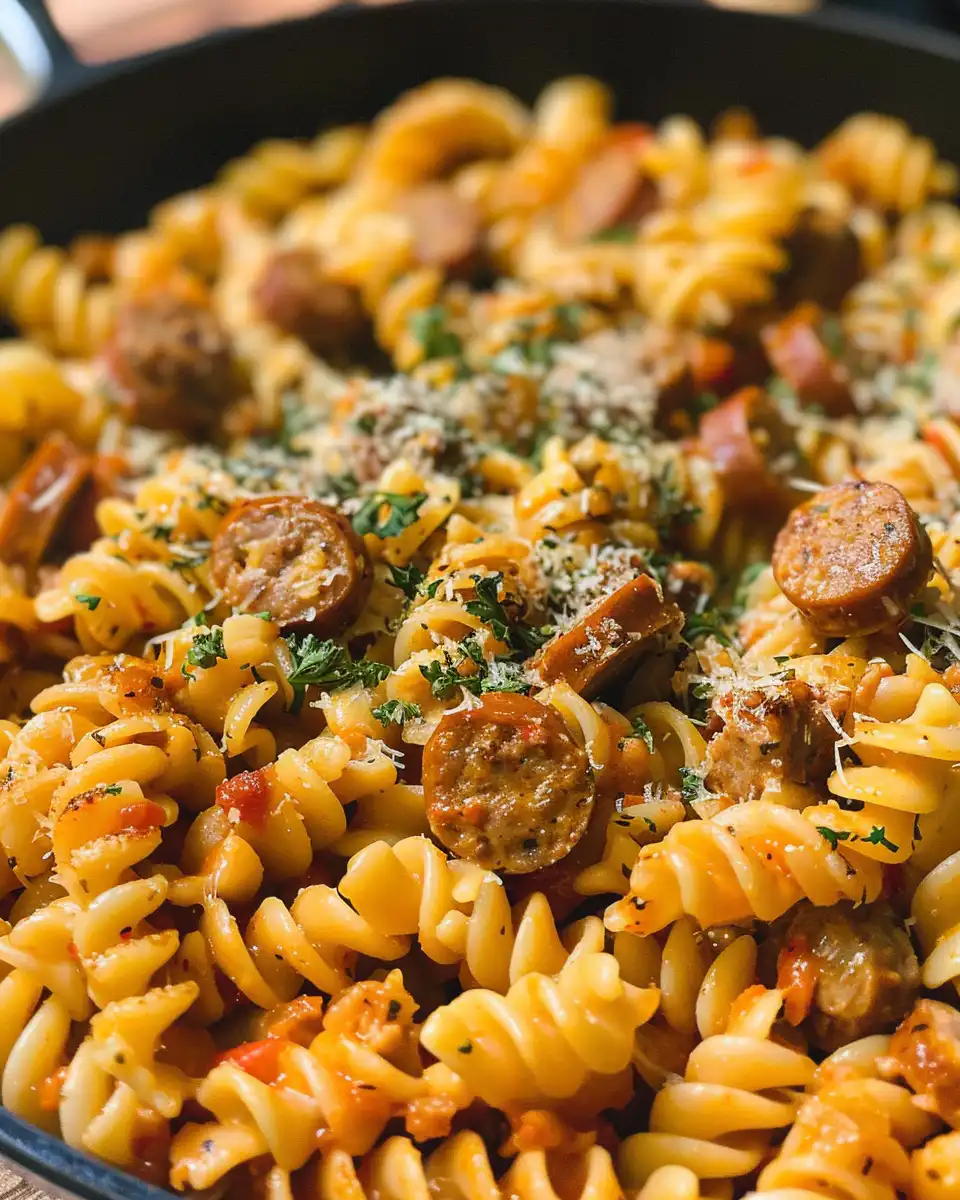 Finished creamy spicy Cajun sausage pasta in bowl ready to eat