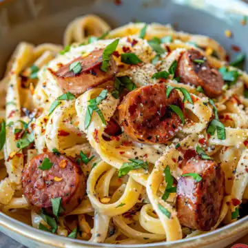 One Pot Creamy Spicy Cajun Sausage Pasta taken with iphone 15 pro max --iw 2 --ar 4:5 --v 6.0 --raw