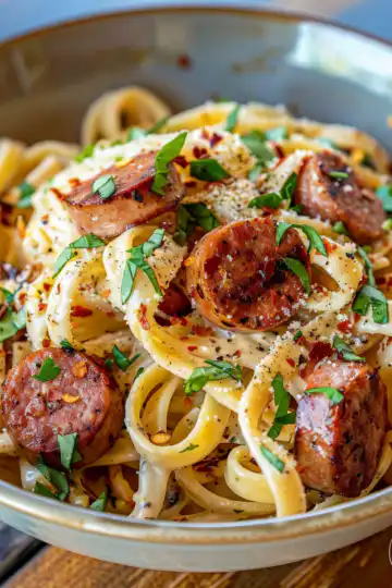 One Pot Creamy Spicy Cajun Sausage Pasta taken with iphone 15 pro max --iw 2 --ar 4:5 --v 6.0 --raw